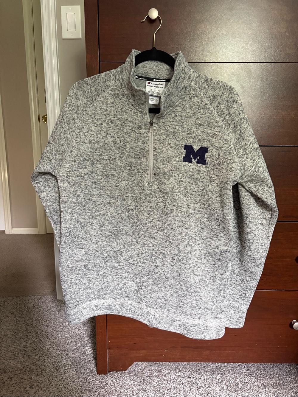 Champion Heather Gray Quarter-Zip Sweatshirt with Navy 'M' Patch